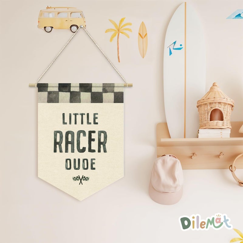 Dilemat Race Car Wall Art,Little Racer Dude Canvas Banner,Lightning Mcqueen Boys Room Pennant Flag Banner Wall Decor,Pixar Cars Room Decor,Nursery Wall Hanging for Kids Toddler Boys Bedroom Playroom - Image 5
